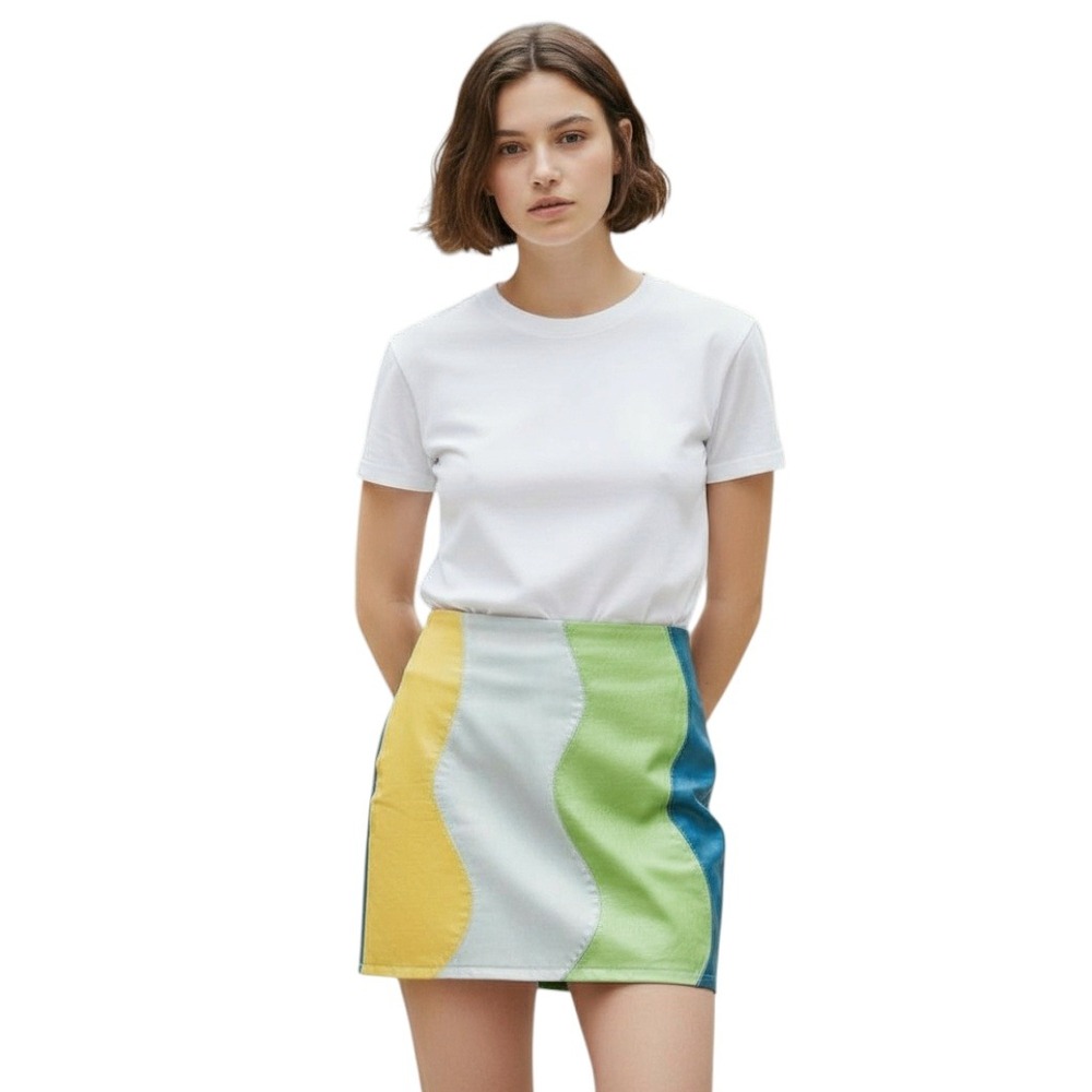 Le Lis Faux Leather Mini Skirt Women's Med Colorful Wave Blue Yellow Green - Picture 2 of 9